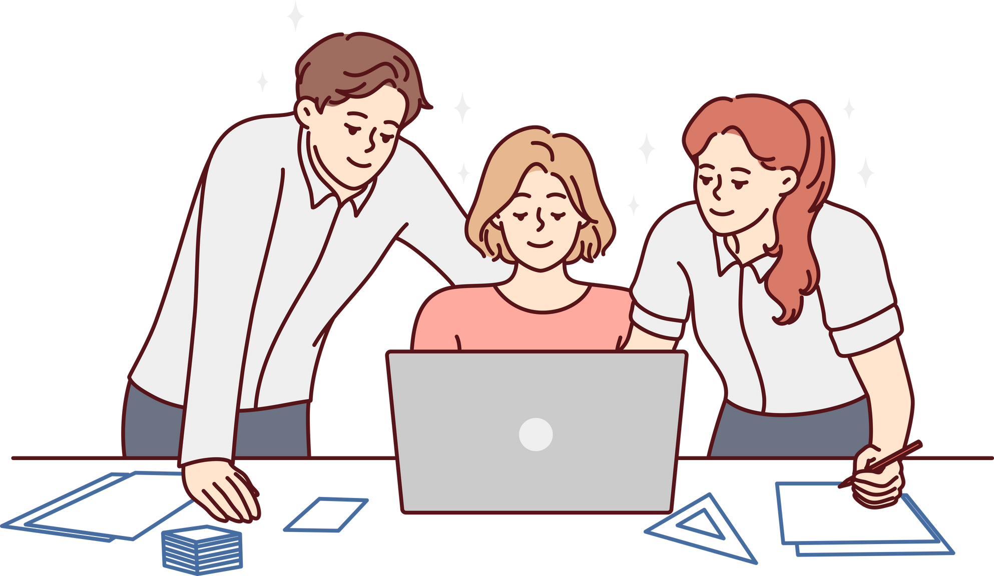 Happy colleagues brainstorm on computer